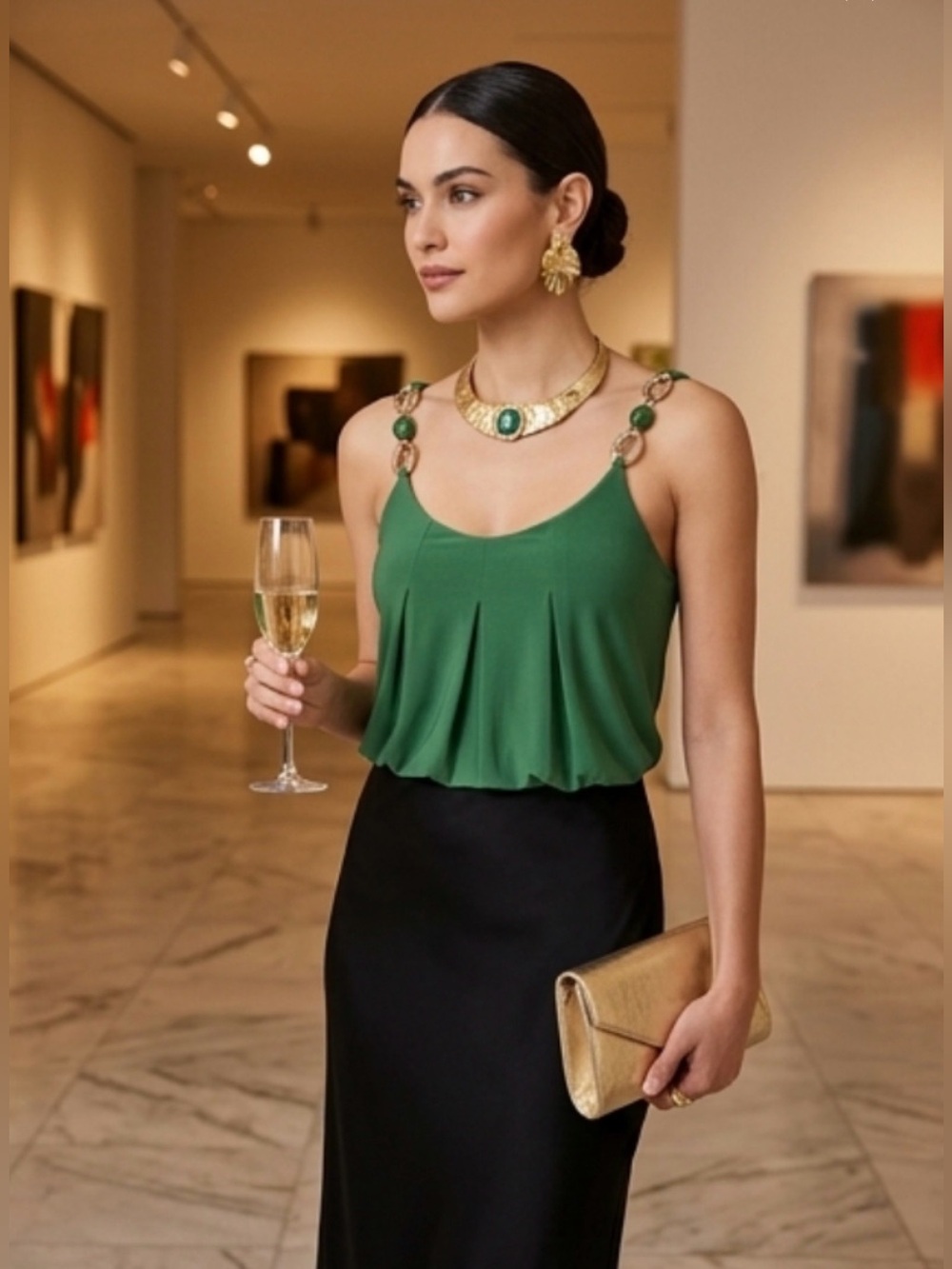 VTG Y2K Elegant Green Draped Back Women’s Camisole Top Sz L USA